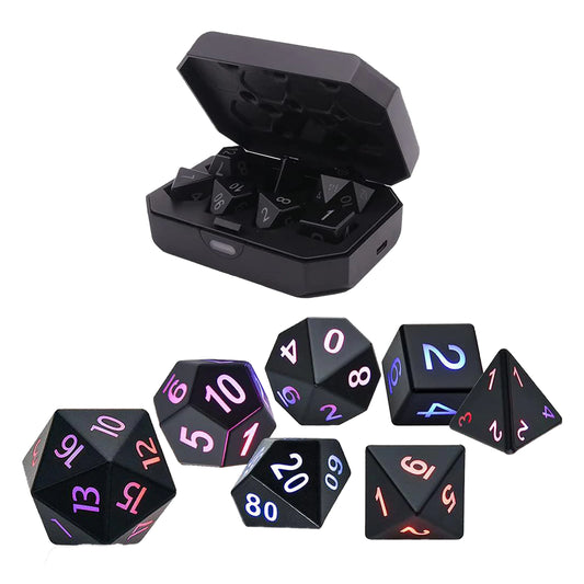 "Illuminate Your Adventure: 7Pcs Rechargeable Light-Up DND Dice Set with Charging Box - Perfect for Dungeon and Dragons RPG!"